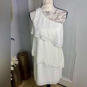 Express One Shoulder Ivory Tiered Ruffle Gold Rhinestone Studded Dress Sz 6 NWT